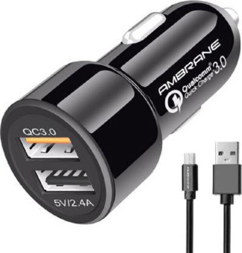 AMBRANE ACC 56 Dual USB Port Compact Size Car Charger micro USB Cable (Black)