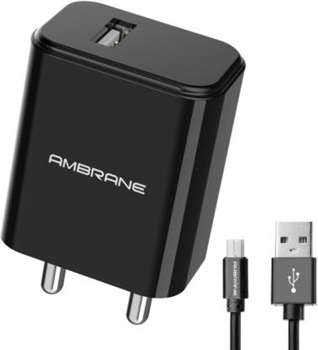 Ambrane AWC- 65 10.5 W 2.1 A Mobile Charger with Detachable Cable  (Black, Cable Included)