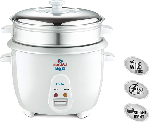 Bajaj Majesty New RCX7 550 Watt Electric Rice Cooker with Steaming Feature 1.8 L White