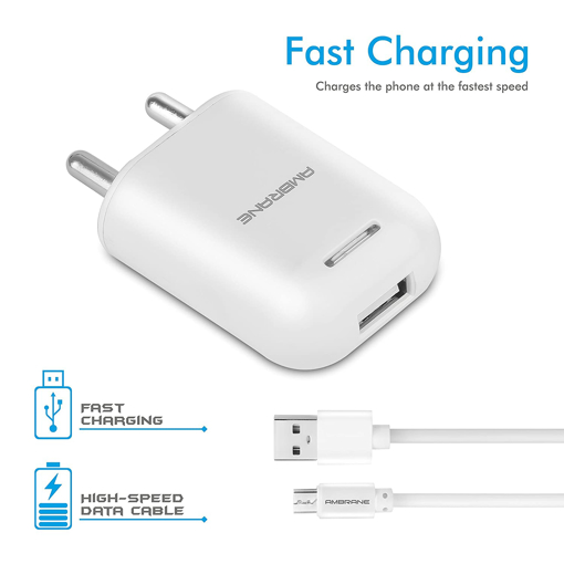Picture of Ambrane AWC 38 With 1 m Sync & Charge USB Cable 2.1A Fast 10.5 W 2.1 A Mobile Charger with Detachable Cable