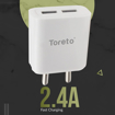 Toreto TOR 537 Tor Plug 2 13W Dual USB Smart Charger BIS Certified Fast Charging Power Adaptor with 1 Meter Type C Data Charging Cable White की तस्वीर