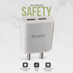Toreto TOR 537 Tor Plug 2 13W Dual USB Smart Charger BIS Certified Fast Charging Power Adaptor with 1 Meter Type C Data Charging Cable White की तस्वीर