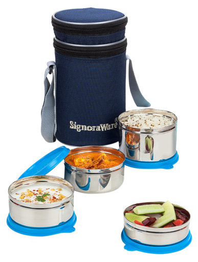 Signoraware Executive Stainless Steel Lunch Box Set Set of 4 Blue की तस्वीर