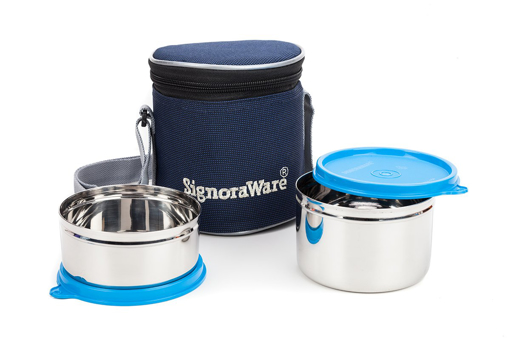 Picture of Signoraware 3503 Executive Steel Lunch Box Set of 2 500 350 ml  Blue 2 Containers Lunch Box  850 ml