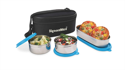 Signoraware Double Decker Special Steel Lunch Box with Black Bag 350ml 350ml 650ml Blue 3 Containers Lunch Box  650 ml की तस्वीर