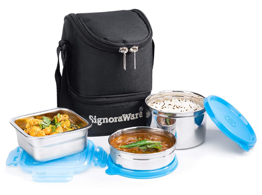 Signoraware Trio Steel Lunch Box Set of 3 500ml+400ml+200ml Blue 3 Containers Lunch Box  1100 ml की तस्वीर