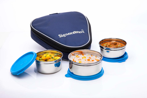 Signoraware 3532 Sleek Stainless Steel Lunch Box 250ml +250ml+350ml Set of 3 Blue 3 Containers Lunch Box  850 ml की तस्वीर