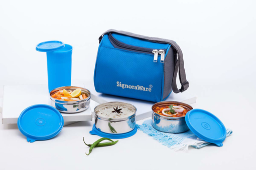 Picture of Signoraware 3509 Best Steel Lunch Box 350+350+200 ml + tumble glass 370 ml Colour May Vary 4 Containers Lunch Box 1270 ml