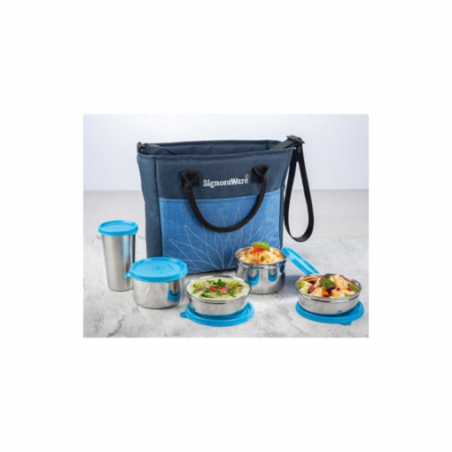 Picture of Signoraware 3552 office Steel Lunch Box with Blue Bag Set of 5 380 Ml+380 Ml+500 Ml+500 Ml+370 Ml Blue 4 Containers Lunch Box  1750 ml