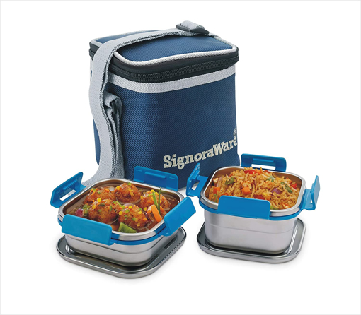 Signoraware Director Squarex Steel SMALL Lunch Box with 100% Steel lids and Bag 500ml+350ml Set of 2 Blue की तस्वीर