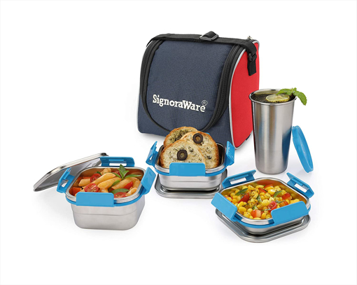 Picture of Signoraware Best Squarex Steel Lunch Box with 100% Steel lids and Red Blue Bag 225ml+350ml+500ml+ 370ml tumbler Set of 4 Blue