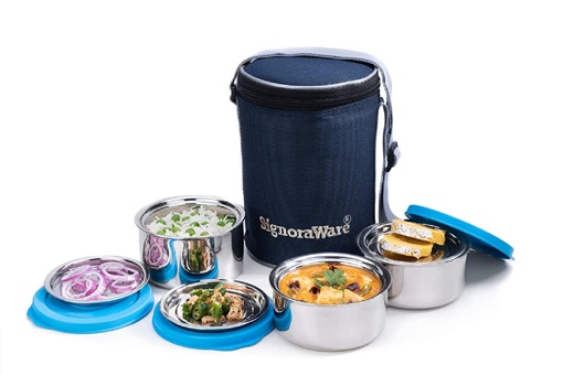 Signoraware Executive Twin Wall Medium Steel Lunch Box Set 350ml+260ml+260ml Blue 3 Containers Lunch Box 500 ml की तस्वीर