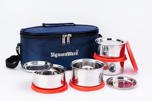 Picture of Signoraware Double Decker Twin Wall Steel Lunch Box Set of 4 350ml+350ml+260ml+260ml 4 steel cover plates Red 4 Containers Lunch Box