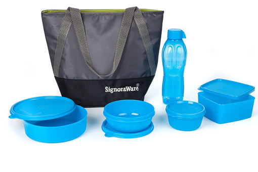 Signoraware Sling Jumbo Plastic Lunch Box Set 5 Pieces Blue की तस्वीर