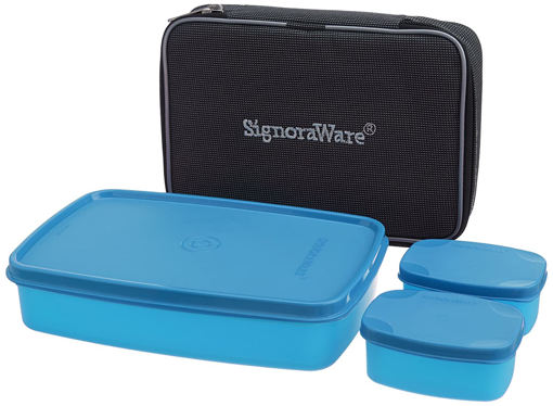 Signoraware Compact Lunch Box With Bag 100 ml 850 ml Plastic Grocery Container  Pack of 3 Blue की तस्वीर