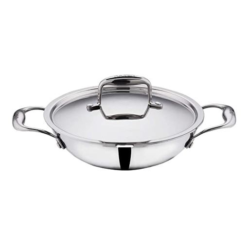 Vinod  platinum triply Kadhai PTKD22 cm diameter with Lid 1.8 L capacity  (Stainless Steel, Aluminium, Stainless Steel, Induction Bottom)