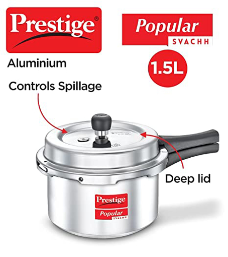 Picture of Prestige Popular Svachh Aluminium Outer Lid Pressure Cooker, 1.5 Litre - Silver, Medium (10162)