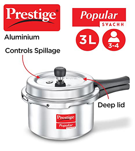 Prestige Popular Svachh Virgin Aluminium Spillage Control Outer Lid Pressure Cooker, 3 L (Silver) की तस्वीर