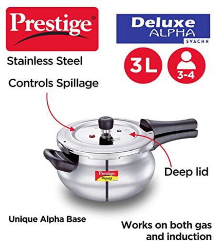 Prestige Svachh Deluxe Alpha Mini Pressure Handi, with deep lid for Spillage Control, 3 L, Stainless Steel, Silver, Outer Lid की तस्वीर
