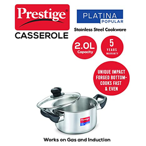 Picture of Prestige Platina Popular Casserole Pot 24 cm diameter 5.5 L capacity with Lid  (Stainless Steel, Induction Bottom)