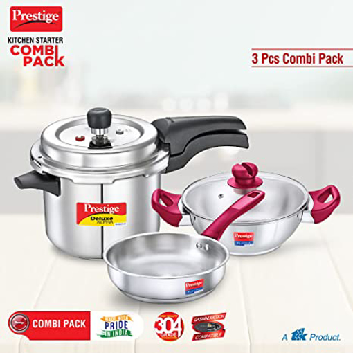 Picture of Prestige Popular Platina Stainless Steel Cookware Set Kadhai 22 cm, 16 cm, 22 cm diameter with Lid 1.9 L, 1.5 L, 2.25 L capacity  (Stainless Steel, Non-stick, Induction Bottom)