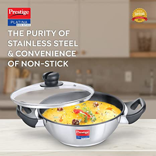 Picture of Prestige Platina Non-Stick Kadhai 24 cm diameter with Lid 2.8 L capacity  (Stainless Steel, Non-stick, Induction Bottom)