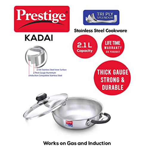 Picture of Prestige Triply Splendor Kadhai 22 cm diameter with Lid 2 L capacity  (Stainless Steel, Induction Bottom)