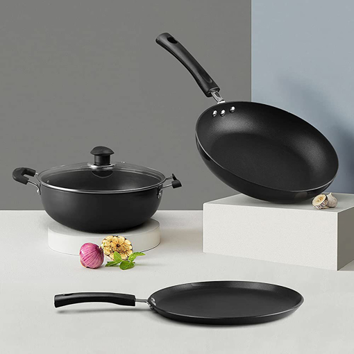 Picture of Prestige Hard Anodised + Cookware Build Your Kitchen set 3 Pcs- Fry pan 24 cm, Kadhai 24 cmwith Lid, Tawa 22.5 cm diameter with Lid  (Hard Anodised, Non-stick, Induction Bottom)