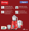 Picture of Prestige Watts Supra 750 Mixer Grinder (3 Jars, Red, Silver)