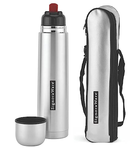 Picture of SignoraWare Stainless Steel Bullet Vacuum Steel cola Hot and Cold Bottle with Bag 1000ml, Set of 1, Multicolour