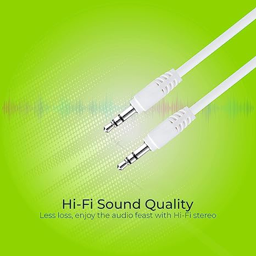 ERD AX-87 3.5 mm Male to Male 2 Meter Aux Audio Cable for Laptop, Car Stereo, Speaker, Smart Phones and Other Smart Devices, White की तस्वीर