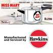 Picture of Hawkins 5 Litre Miss Mary Aluminium Pressure Cooker, Inner Lid Cooker, Silver (MM50)