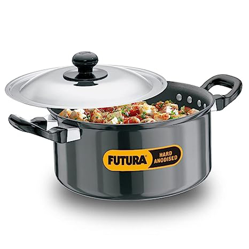 Picture of Hawkins Futura 2.25 Litre Cook n Serve Stewpot, Hard Anodised Sauce Pan with Stainless Steel Lid, Cooking Pot with Two Handles, Black (AST225)