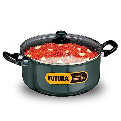 Hawkins Futura 5 Litre Cook n Serve Stewpot, Hard Anodised Sauce Pan with Glass Lid, Cooking Pot with Two Handles, Black (AST50G) की तस्वीर