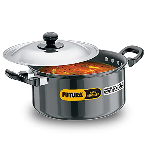 Picture of Hawkins Futura Nonstick Induction Compatible Cook-n-Serve Stewpot with Stainless Steel Lid Capacity 3 Litre Diameter 20 cm Thickness 3.25 mm Black (INST30)