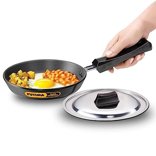 Picture of Hawkins Futura 18 cm Frying Pan, Hard Anodised Fry Pan with Stainless Steel Lid, Small Frying Pan, Black (AF18S)