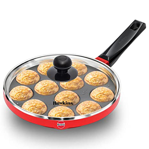 Hawkins 22 cm Appe Pan, Non Stick Paniyaram Pan with Glass Lid, 12 Cups Paniyarakkal Ceramic Pan, Litti Pan, Kuzhi Paniyaram Pan, Ponganalu Pan, Red (NAPE22G) की तस्वीर