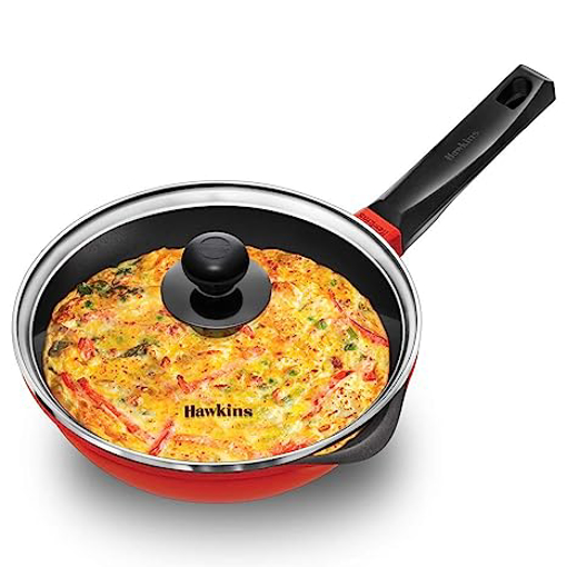 Picture of Hawkins 22 cm Frying Pan, Die Cast Non Stick Fry Pan with Glass Lid, Ceramic Coated Pan, Induction Frying Pan, Small Frying Pan, Red (IDCF22G)