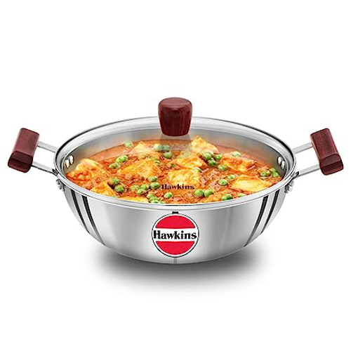 Picture of Hawkins 4 Litre Deep Kadhai, Triply Stainless Steel Kadai with Glass Lid, Flat Bottom Induction Kadhai, Big Kadai, Silver (SSK40G)