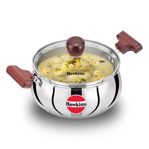 Hawkins 2 Litre Cook n Serve Handi, Triply Stainless Steel Handi with Glass Lid, Induction Sauce Pan, Biryani Handi, Saucepan, Silver (SSH20G) की तस्वीर