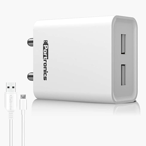 Portronics Adapto 66 2.4A 12w Dual USB Port 5V/2.4A Wall Charger,Comes with 1M Micro USB Cable, USB Wall Charger Adapter for iPhone 11/Xs/XS Max/XR/X/8/7/6/Plus, iPad Pro/Air 2/Mini 3/Mini 4, Samsung S4/S5, and More(White) की तस्वीर