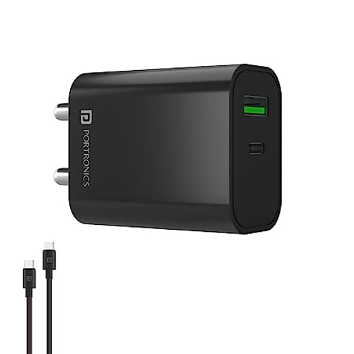 Portronics Adapto 44 20W Fast Wall Charger Adapter, Type C Power Delivery & Mach USB Charger Fast Charging Compatible with iPhone, iPad, Samsung Galaxy, Note, Redmi, Mi, Oppo, Smartphones and More.(Black) की तस्वीर