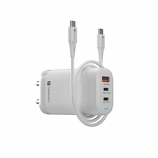 Portronics Adapto 65X 65w Mach USB and Type C Adapter wall charger with Triple Output Ports (1 USB + 2 PD)| Fast Charging with GaN Technology Compatible with iPhone 14/ 14 Plus/ 14 Pro/ 14 Pro Max, iPhone 13 Pro Max/13 Pro/13/13 Mini, MacBook Pro, iPad Pro All USB Mobile Devices & Tablets (White) की तस्वीर