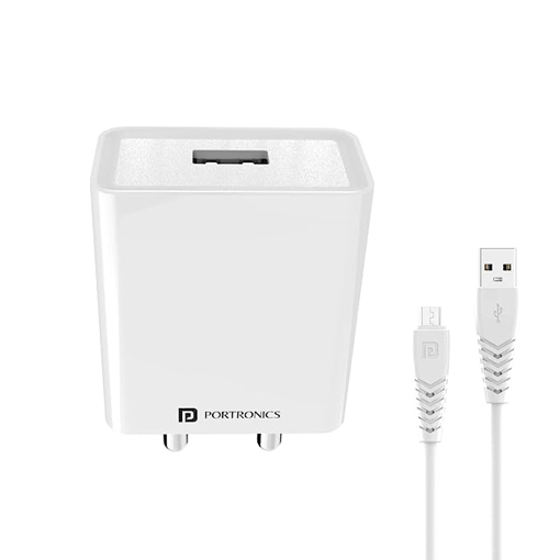 Picture of Portronics Adapto 31 M 2.4A 12w USB Charging Adaptor, Comes with 1M Micro USB Charging Cable, Single Port Wall Charger for iPhone 11/Xs/XS Max/XR/X/8/7/6/Plus, iPad Pro/Air 2/Mini 3/Mini 4, Samsung S4/S5, and More.(White)