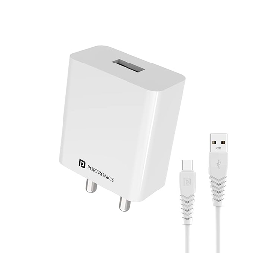 Picture of Portronics Adapto 31 C 2.4A 12w Charging Adaptor,Comes with 1M Type C Charging Cable, Single Port Wall Charger for iPhone 11/Xs/XS Max/XR/X/8/7/6/Plus, iPad Pro/Air 2/Mini 3/Mini 4, Samsung S4/S5, and More.(White)