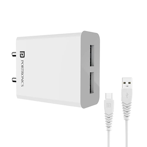 Portronics Adapto 32 C 2.4A 12w Dual Output Port Wall Charger,Comes with 1M Type C Charging Cable, USB Wall Charger Adapter for iPhone 11/Xs/XS Max/XR/X/8/7/6/Plus, iPad Pro/Air 2/Mini 3/Mini 4, Samsung S4/S5, and More (White) की तस्वीर