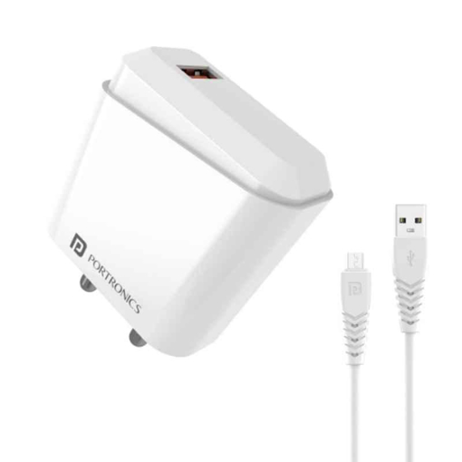 Picture of Portronics Adapto 40 M, 18w 3A Mach USB Fast Charging Adaptor,Comes with 1M Micro USB Charging Cable, Single Port Wall Charger for iPhone 11/Xs/XS Max/XR/X/8/7/6/Plus, iPad Pro/Air 2/Mini 3/Mini 4, Samsung S4/S5, and More(White)