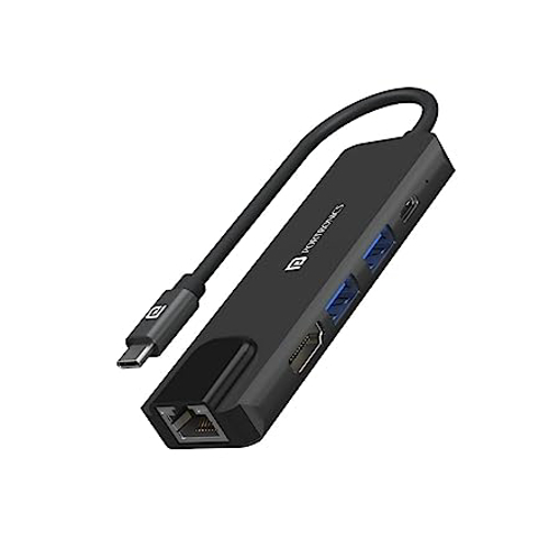 Picture of Portronics Mport 51 5-in-1 Type C HUB with RJ 45 Ethernet Port, 5Gbps Data Transfer, HDMI Port, USB 3.0, PD Quick Charge, 4K Ultra HD Data Quality(Grey)