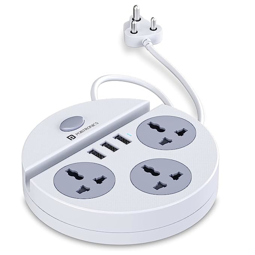 Portronics Power Plate 5 1500W Power Converter with USB Charger & Mobile Holder 3AC Socket + 3USB Ports I 1.5 m Cord Length ( White) की तस्वीर