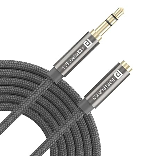 Portronics Konnect Aux 8 3.5mm Male to Female (Aux Extension Cable) Gold Plated Connector with 2M Length, Nylon Jacket, Corrosion Resistant Metal Heads(Grey) की तस्वीर